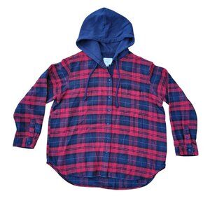 American Eagle Hooded Flannel Plaid Shirt L Red Navy Button Down Shacket
